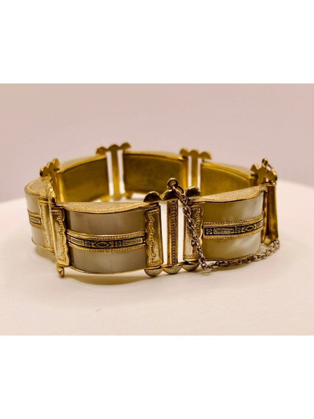 Vintage Mid-Century Toledo Damascene Wide Link Bracelet Safety Chain - 19B